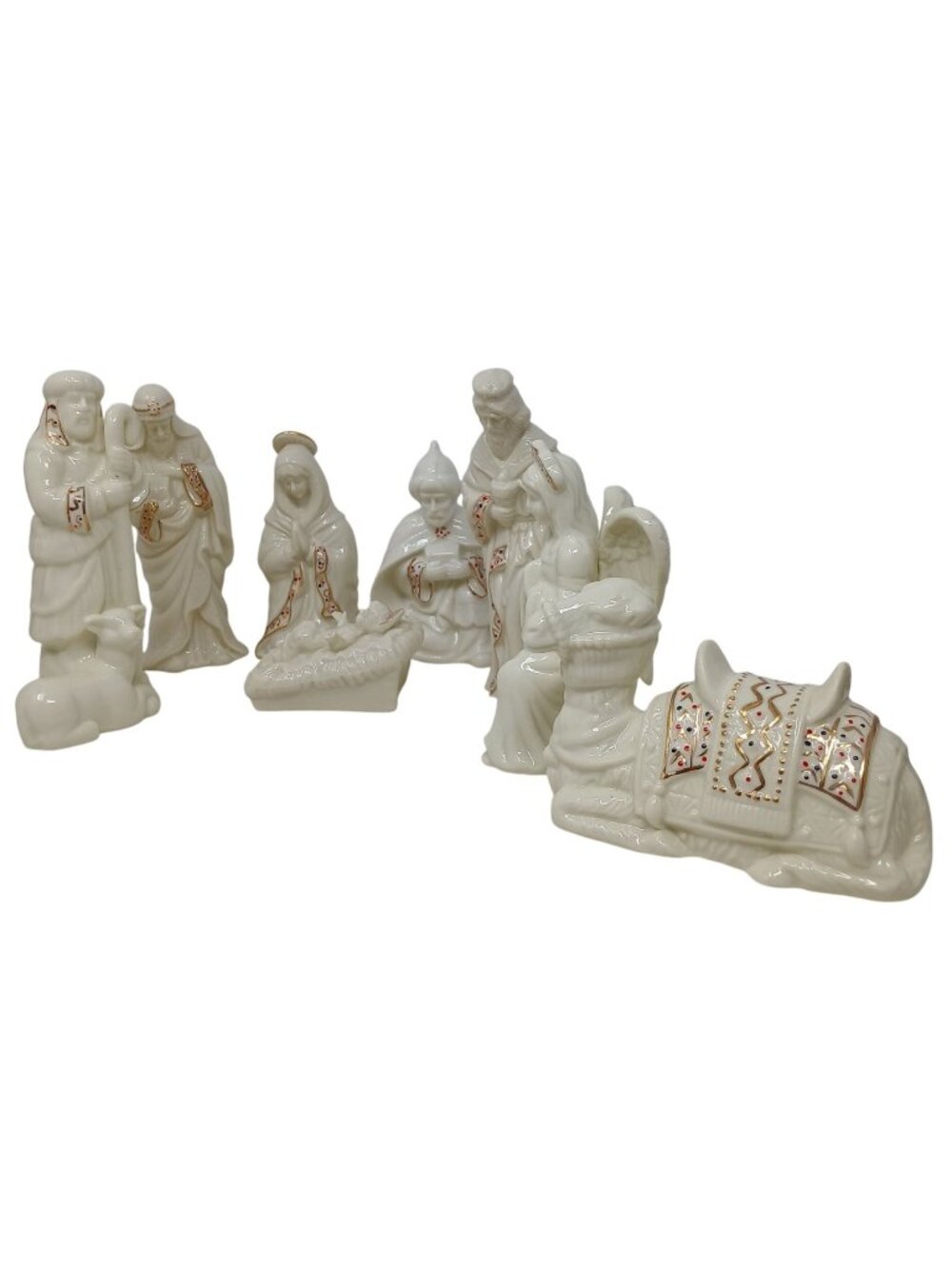 8 Pc Porcelain Manger Set Nativity Scene Figurines Ivory W/ Gold Accents VTG #SB
